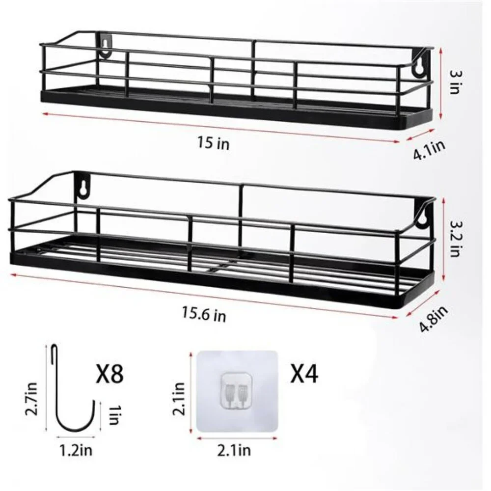 Black Floating Wall Shelves Set of 2 with Hooks Bathroom Kitchen Storage Rack